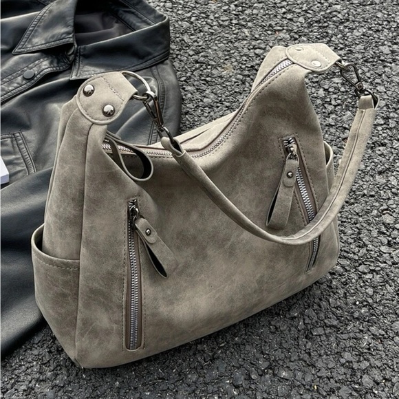 Luxe Grey Zipper Medium Tote Shoulder Bag - Picture 3 of 10